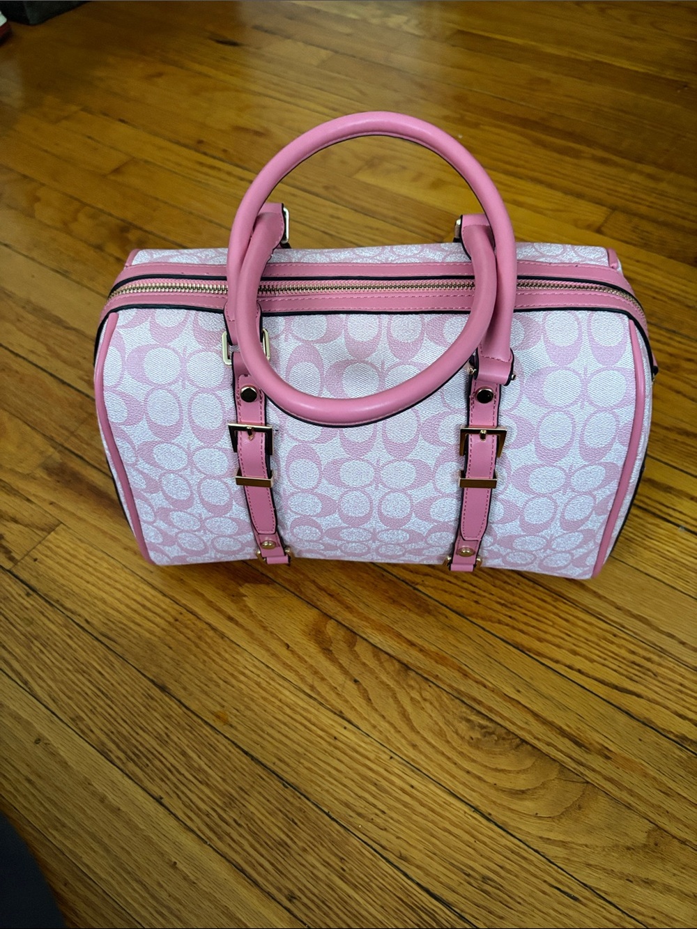 Pink Signature-Pattern Satchel Handbag with Round Handles